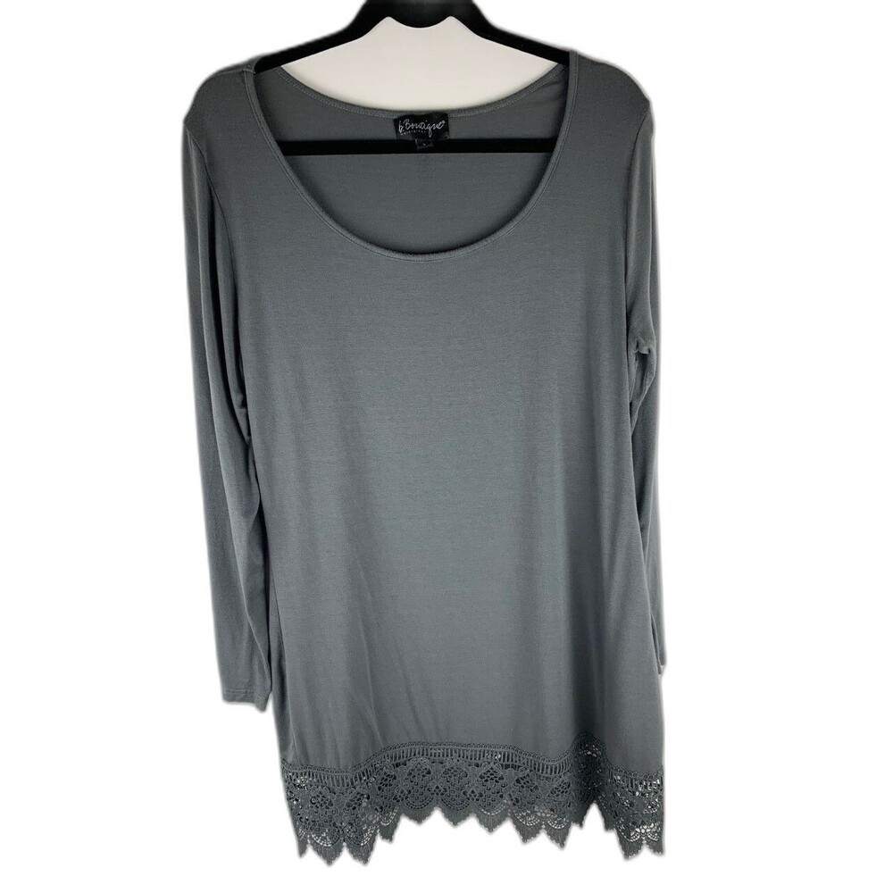 B. Boutique Womens Top Size Large Gray Long Sleeve Lace Hem Long Tunic